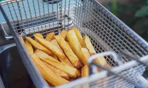 Goldbraune Pommes in einem Frittierkorb, bereit zum Genießen. So einfach ist es, Pommes selber machen!