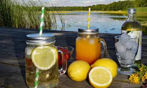 Erfrischende Limonade selber machen am See. Zwei Gläser mit Zitronenscheiben und Strohhalmen, daneben Zitronen und Eiswürfel.
