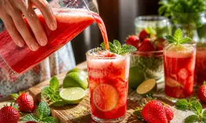 Erfrischender Erdbeer-Limetten-Drink wird in ein Glas gegossen. Frische Erdbeeren, Limetten und Minze zieren den Holztisch.