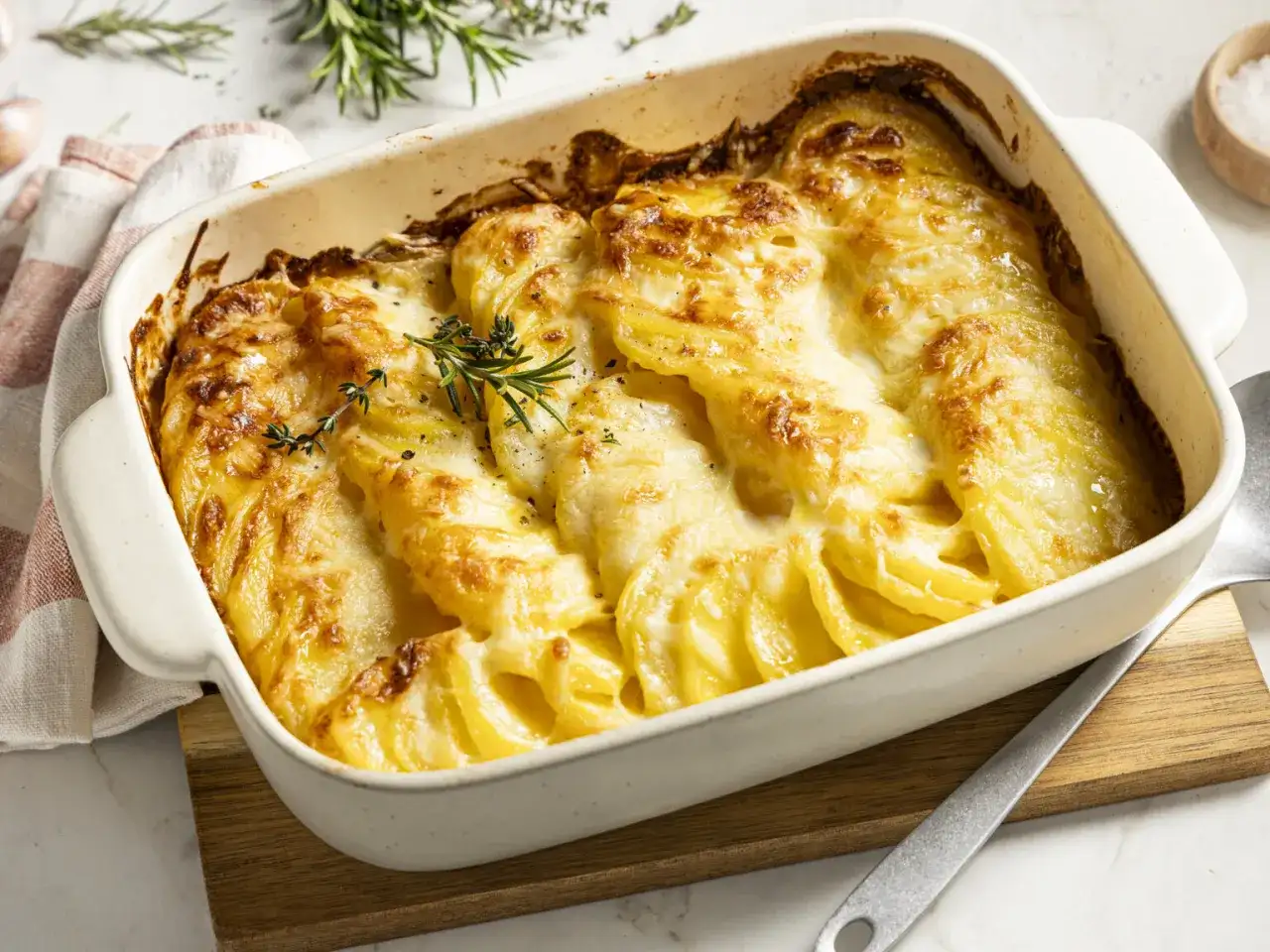 Ein goldbrauner Kartoffelauflauf mit geschmolzenem Käse, garniert mit Rosmarin. Perfekt für ein Kartoffelgratin Rezept.