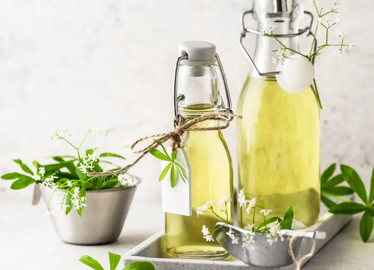 Zwei Flaschen mit selbstgemachtem Waldmeistersirup, dekoriert mit frischen Waldmeisterzweigen und kleinen weißen Blüten.