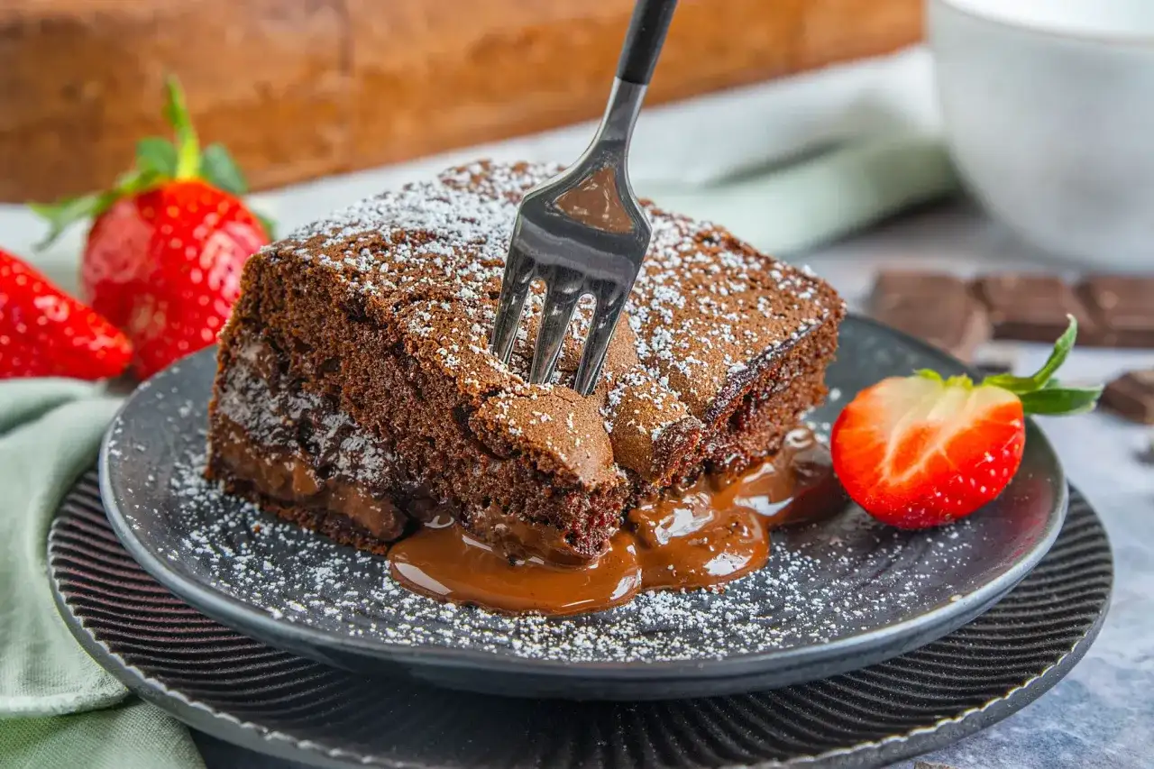 Ein Stück saftiger Schokoladenkuchen, bestäubt mit Puderzucker, mit flüssiger Schokolade, die herausläuft. Ein perfektes brownies rezept saftig.