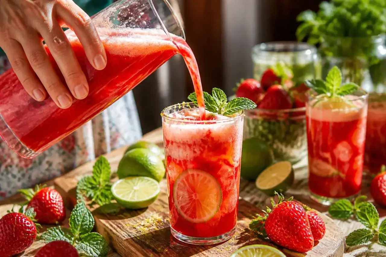 Erfrischender Erdbeer-Limetten-Drink wird in ein Glas gegossen. Frische Erdbeeren, Limetten und Minze zieren den Holztisch.