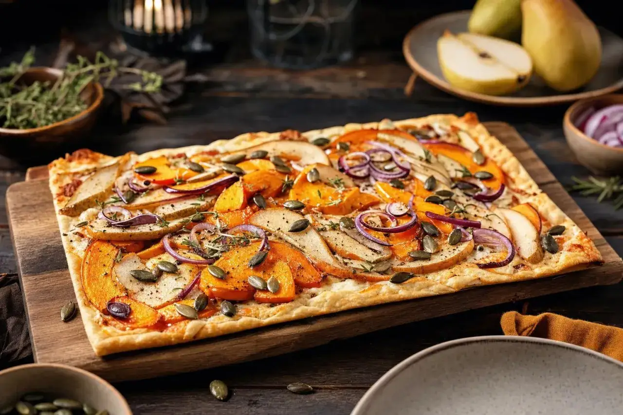 Flammkuchen mit Kürbis, Birne und roten Zwiebeln, ein köstlicher Flammkuchen Belag für Herbsttage.