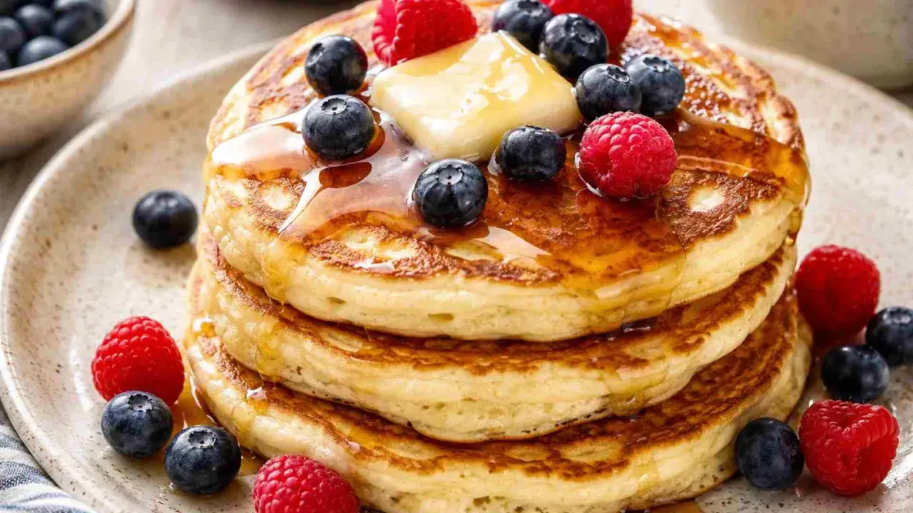 Ein Stapel fluffige Pancakes mit Butter, Honig, Blaubeeren und Himbeeren.