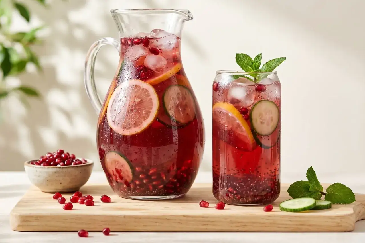 Erfrischender Eistee selber machen: Granatapfel, Zitrone und Gurke in einer Karaffe und einem Glas mit Eis und Minze.