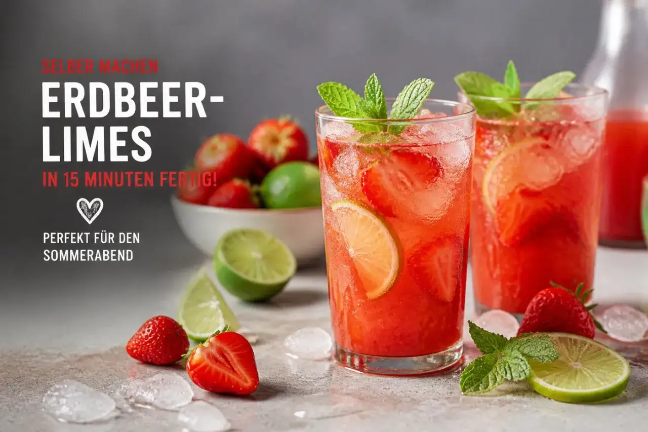 Erfrischende Erdbeer-Limes mit frischen Erdbeeren, Limettenscheiben und Minze. Perfekt für einen lauen Sommerabend.