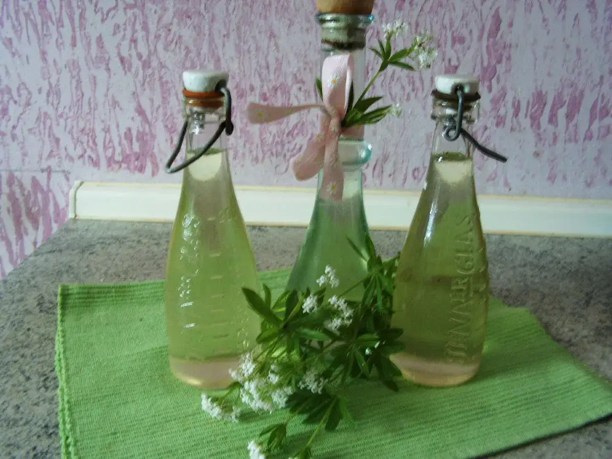 Drei Flaschen mit selbstgemachtem Waldmeistersirup, verziert mit frischem Waldmeister. Ein süßer Genuss für den Sommer!