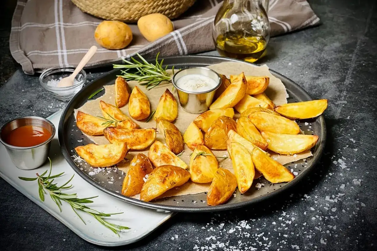 Goldbraune Ofenkartoffeln mit Rosmarin, dazu Dips. Ein einfaches und leckeres Ofenkartoffeln Rezept für jeden Anlass.
