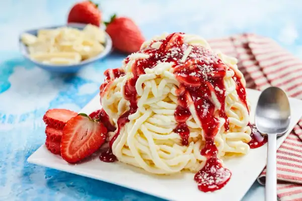 Ein köstliches Spaghetti-Eis-Dessert mit Erdbeersauce und frischen Erdbeeren, garniert mit weißer Schokolade.