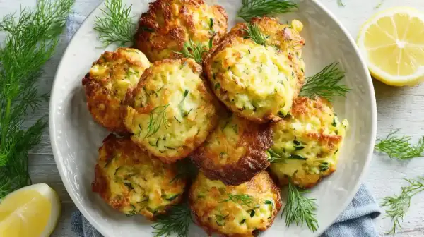 Goldbraune Zucchini-Puffer, garniert mit Dill und Zitronenspalten. Perfekt für leichte zucchini rezepte.